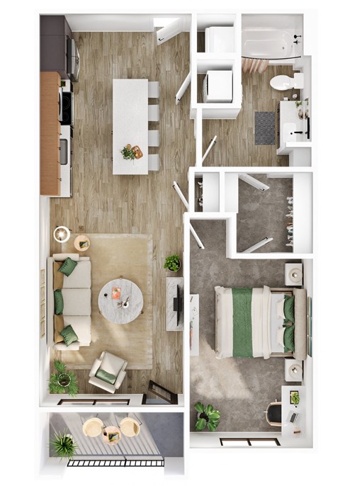 A top-down view of a modern apartment layout.